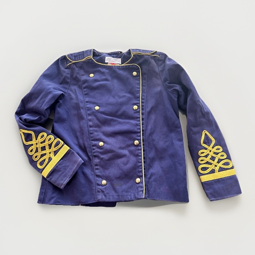 H&M Girls Navy Blue Military Band Jacket W/ Gold Embroidered Trim Sz 7-8 Kids